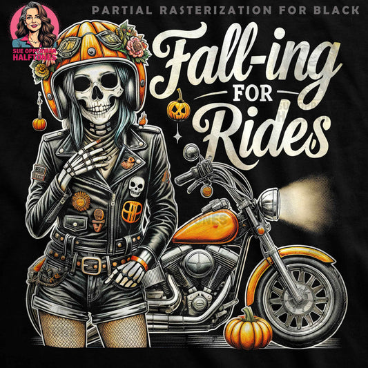 Halloween Skeleton Girl Motorcycle Digital Halftoned T-Shirt Design - halftone PNG for T-shirts – Sue Opperman Halftones
