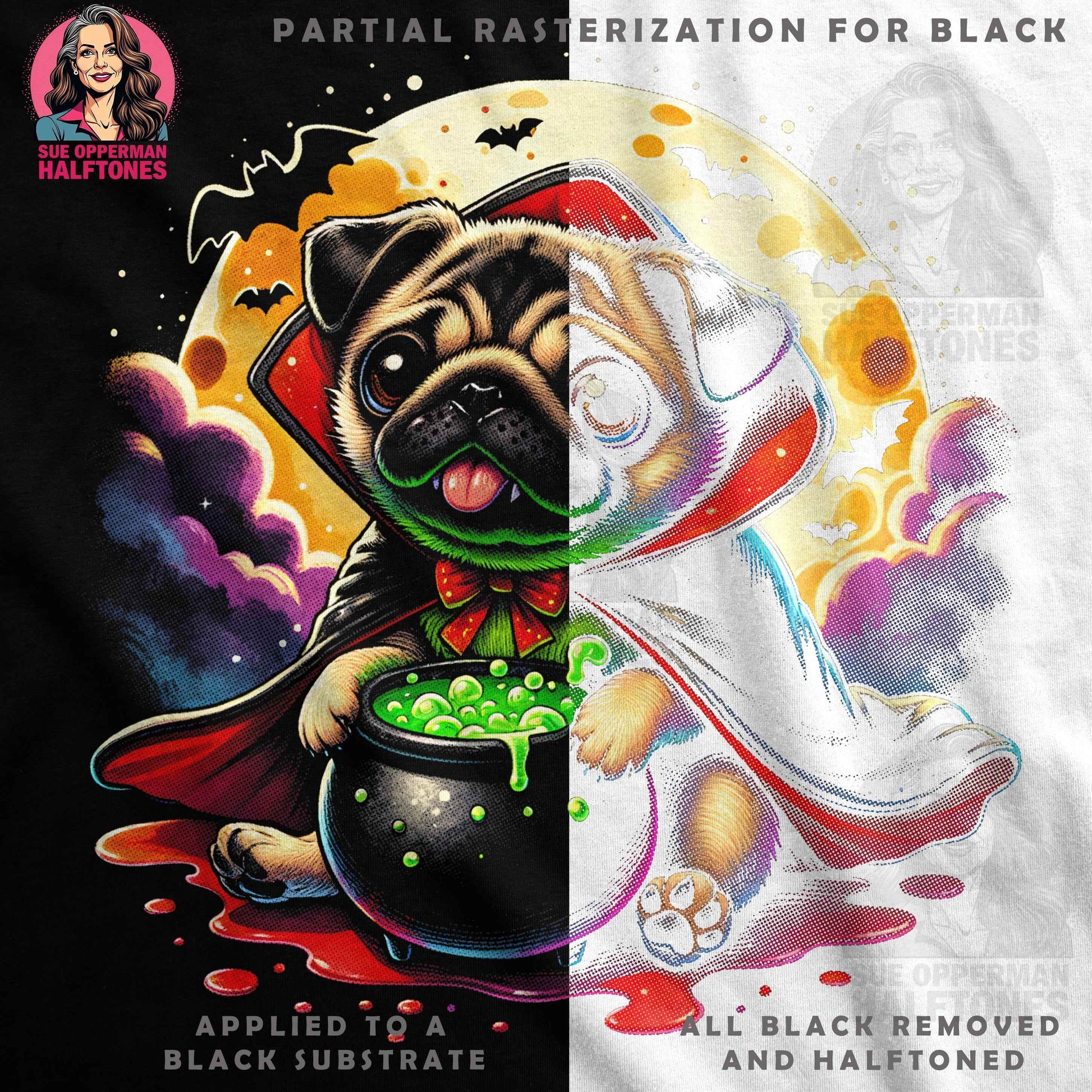 Halloween Pug Holding a Cauldron Halftoned T-Shirt Design - halftone PNG for T-shirts – Sue Opperman Halftones
