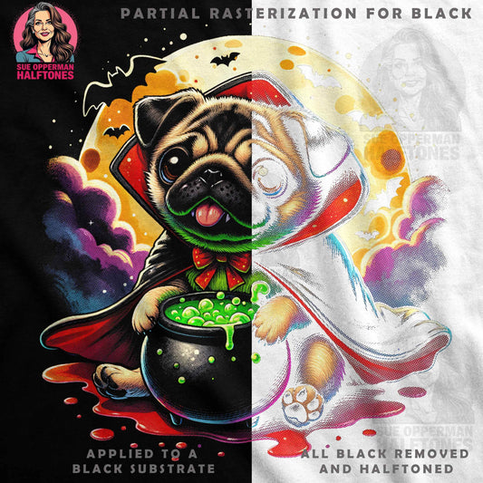 Halloween Pug Holding a Cauldron Halftoned T-Shirt Design - halftone PNG for T-shirts – Sue Opperman Halftones