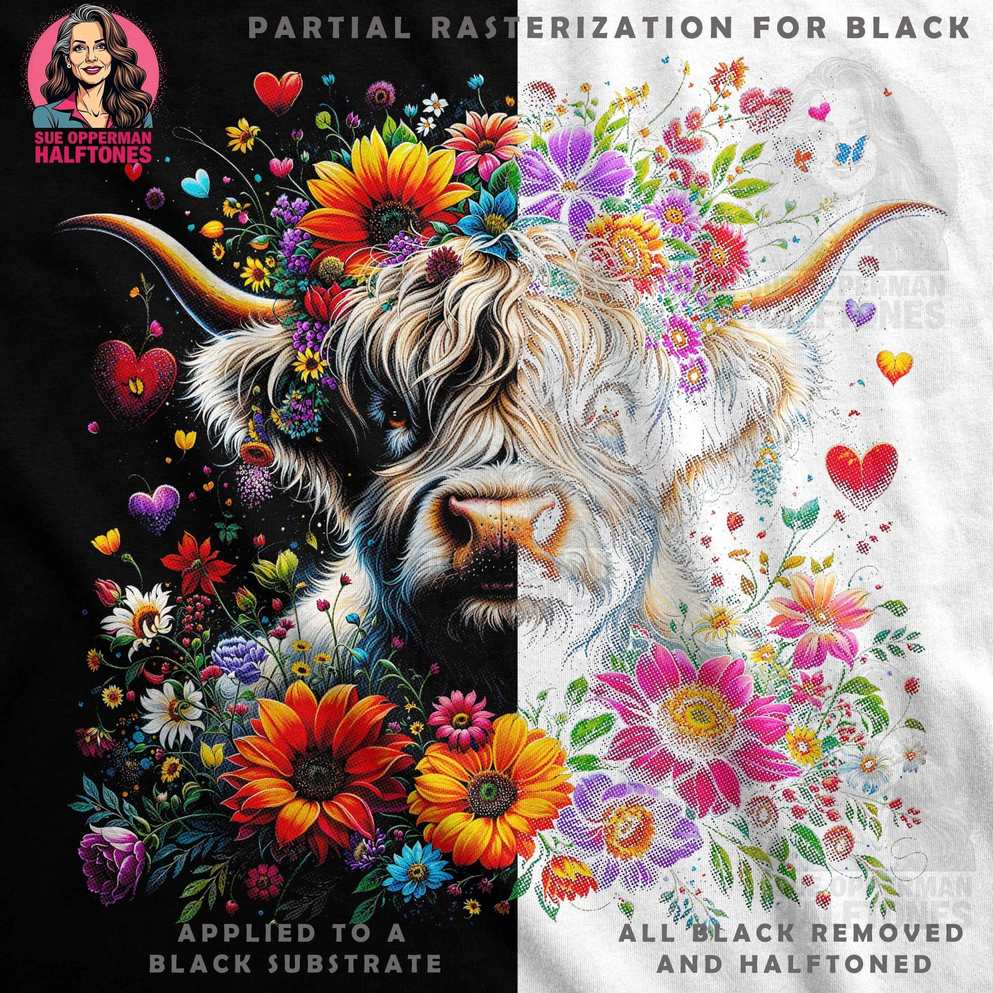 Floral Highland Cow With Hearts Halftone T-Shirt Designs - halftone PNG for T-shirts – Sue Opperman Halftones