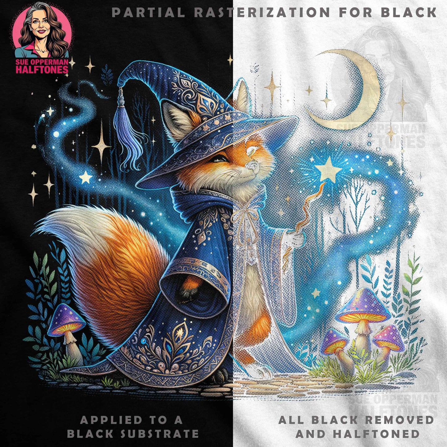 Whimsical Fox Wizard Under Moon Halftoned T-Shirt Design - halftone PNG for T-shirts – Sue Opperman Halftones