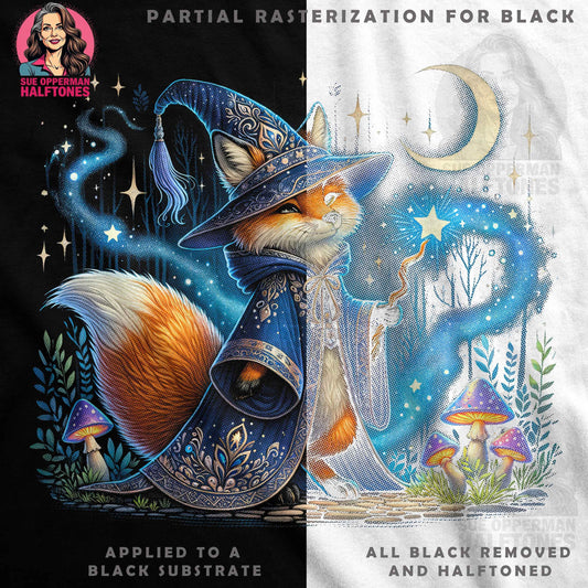 Whimsical Fox Wizard Under Moon Halftoned T-Shirt Design - halftone PNG for T-shirts – Sue Opperman Halftones