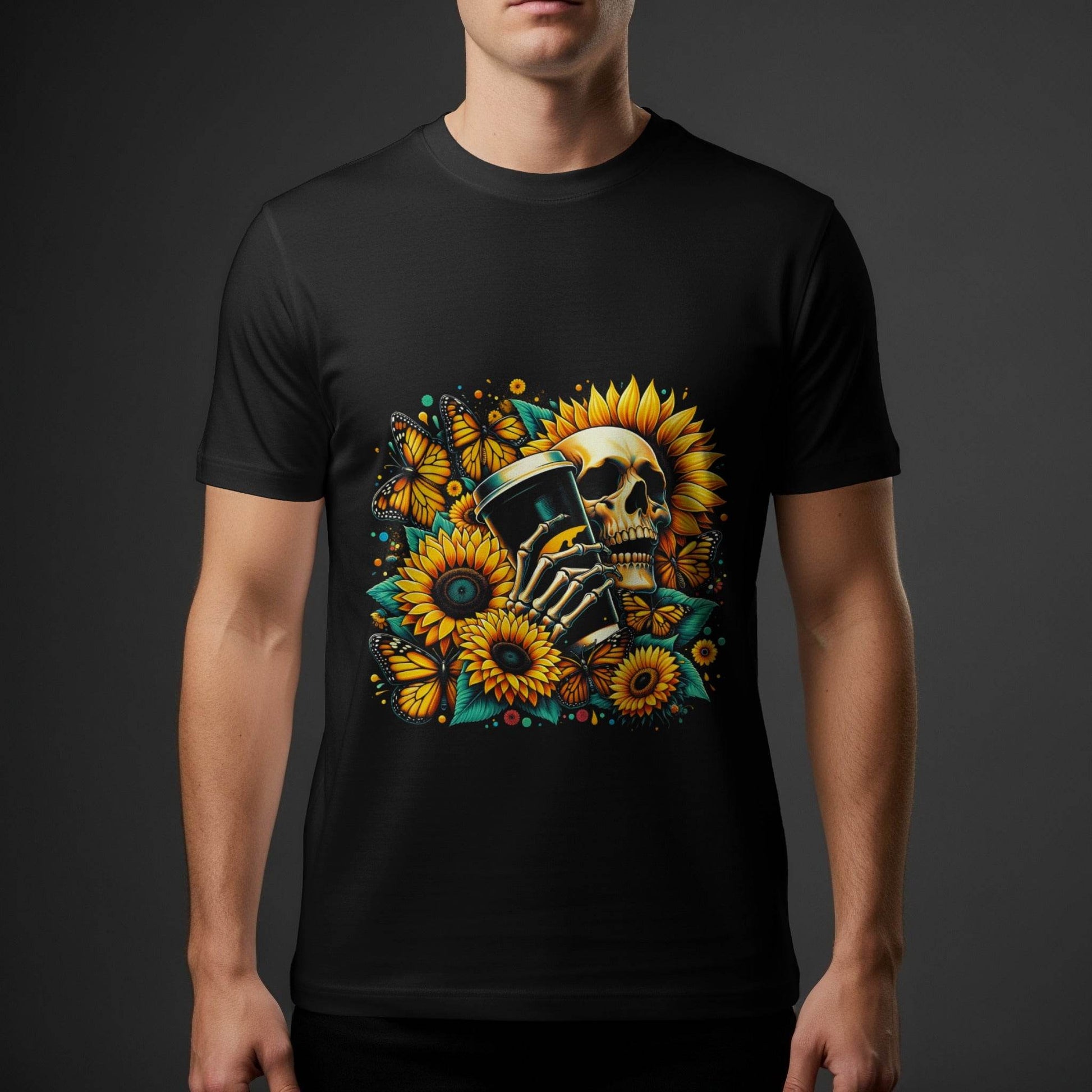 Skull With Coffee Sunflower Butterflies Halftoned T-Shirt Design - halftone PNG for T-shirts – Sue Opperman Halftones